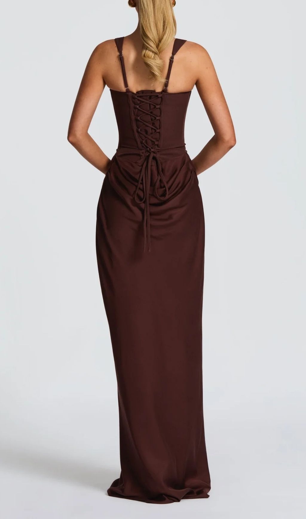 Fashionslee Women Keelia Brown Strappy Corset Ruched Maxi Dress