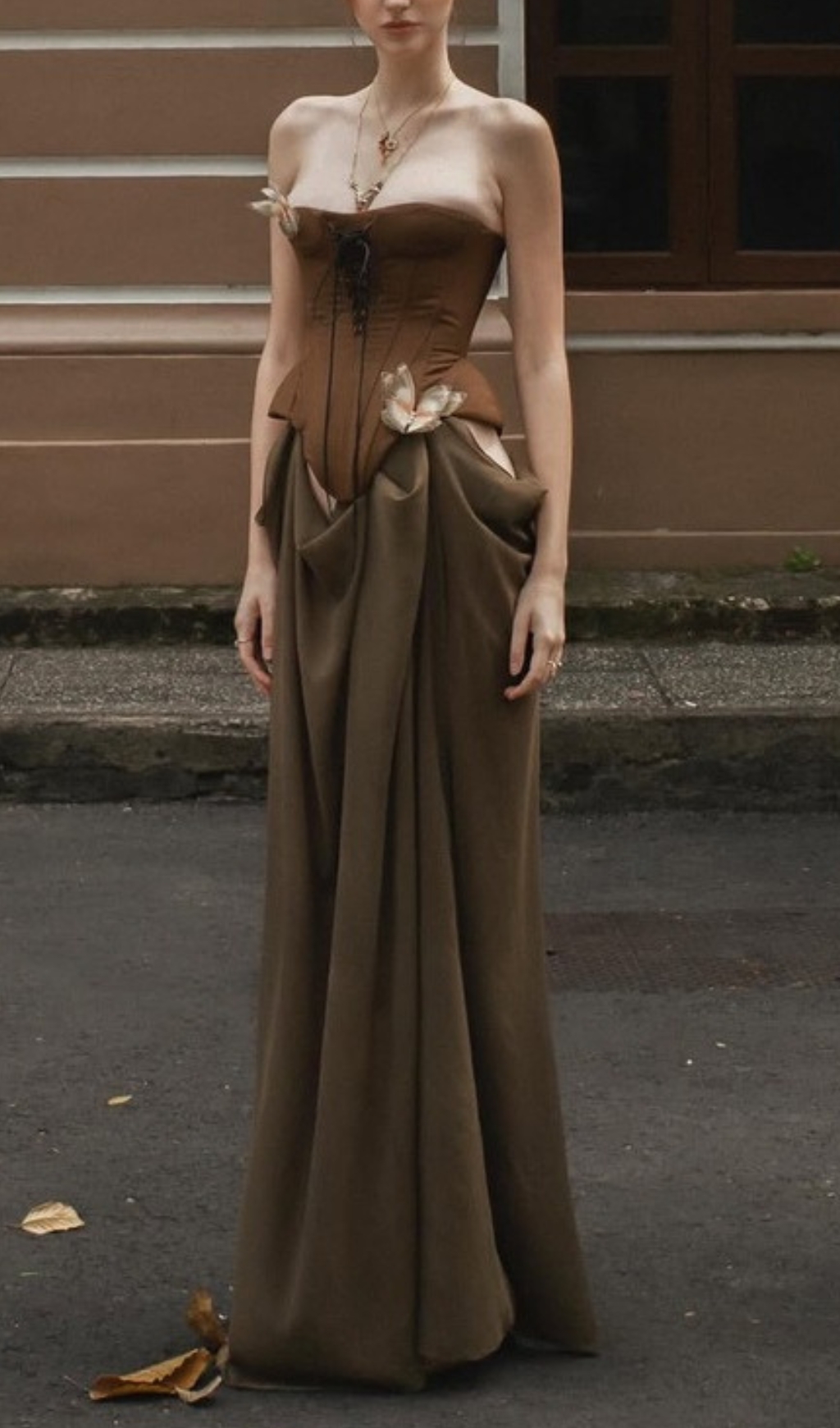 Fashionslee Women Edna Brown Strapless Corset Maxi Dress
