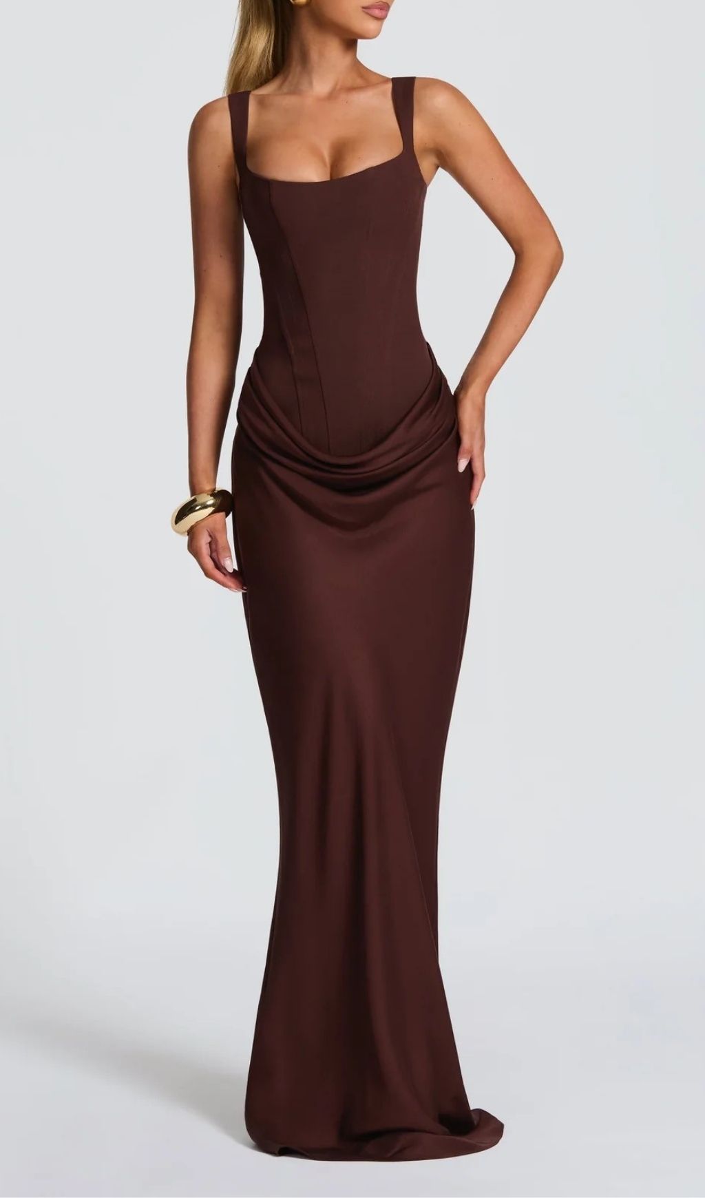 Fashionslee Women Keelia Brown Strappy Corset Ruched Maxi Dress