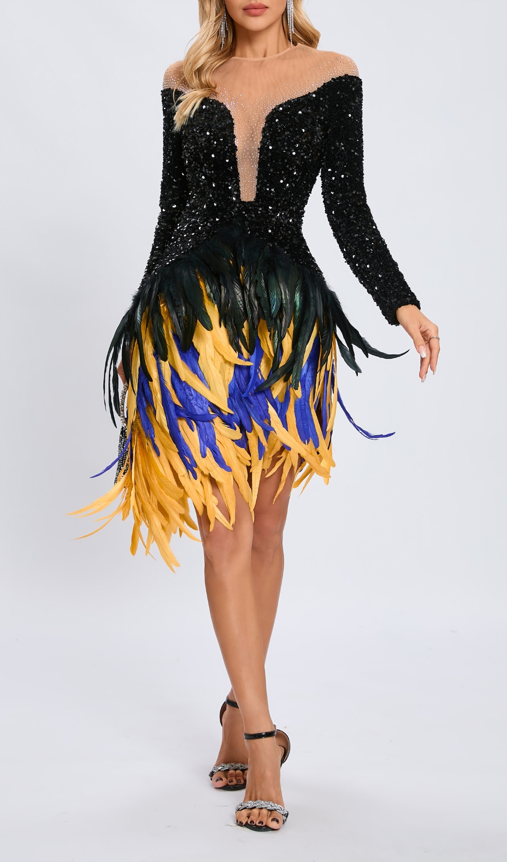 909ae01b9f65b456b203fba7a277d9fc.jpg Fashionslee Women Long Sleeve Sequin Feather Dress Black