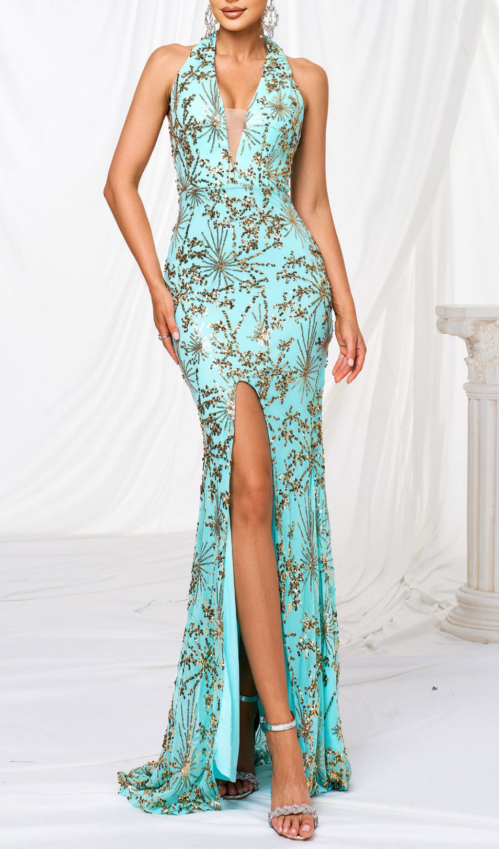 Fashionslee Women Fiadh Green Halter Sequin Slit Maxi Dress