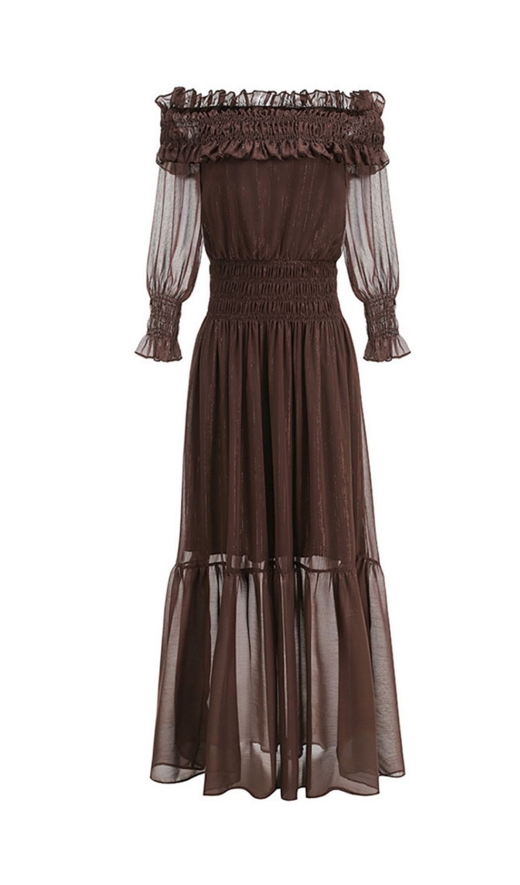 90b936650f35274e5833f58e1ab32a7d.jpg Fashionslee Women Tiffany Brown Off-shoulder Maxi Dress with Ruched Trim