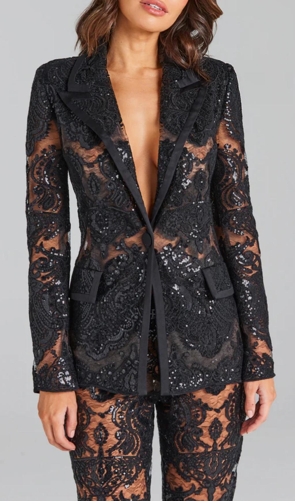 Fashionslee Women Black Lace Blazer And Pants