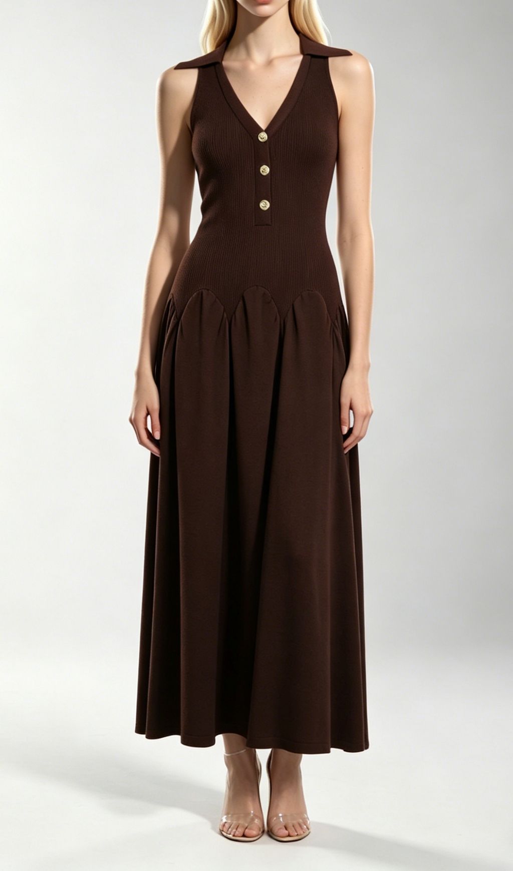 Fashionslee Women Kimi Coffee Sleeveless V-neck Knit Maxi Dress
