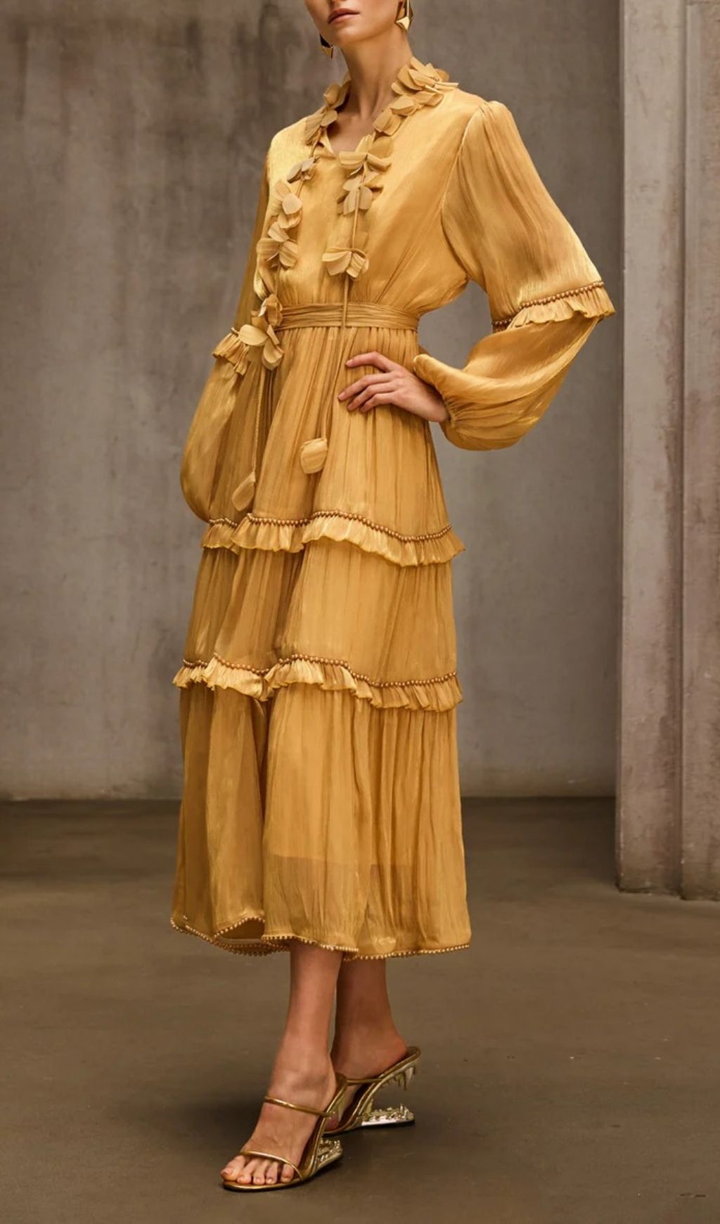 Fashionslee Women Dzon Balloon Sleeve Flower Midi Dress