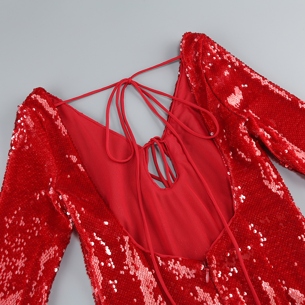 Fashionslee Women Betsy Red Long Sleeve Sequin Midi Dress
