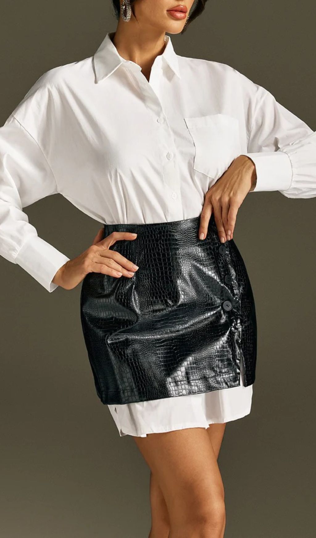 90e89d5a4daa91706cac328cb4c27f04.jpg Fashionslee Women Romney Shirt Faux Leather Skirt Set