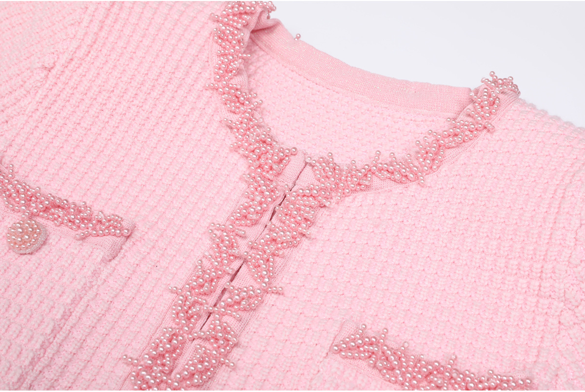 90f3283faa039d1dc44f21a348bd367e.jpg Fashionslee Women Kinuye Pink Beaded Knit Midi Dress