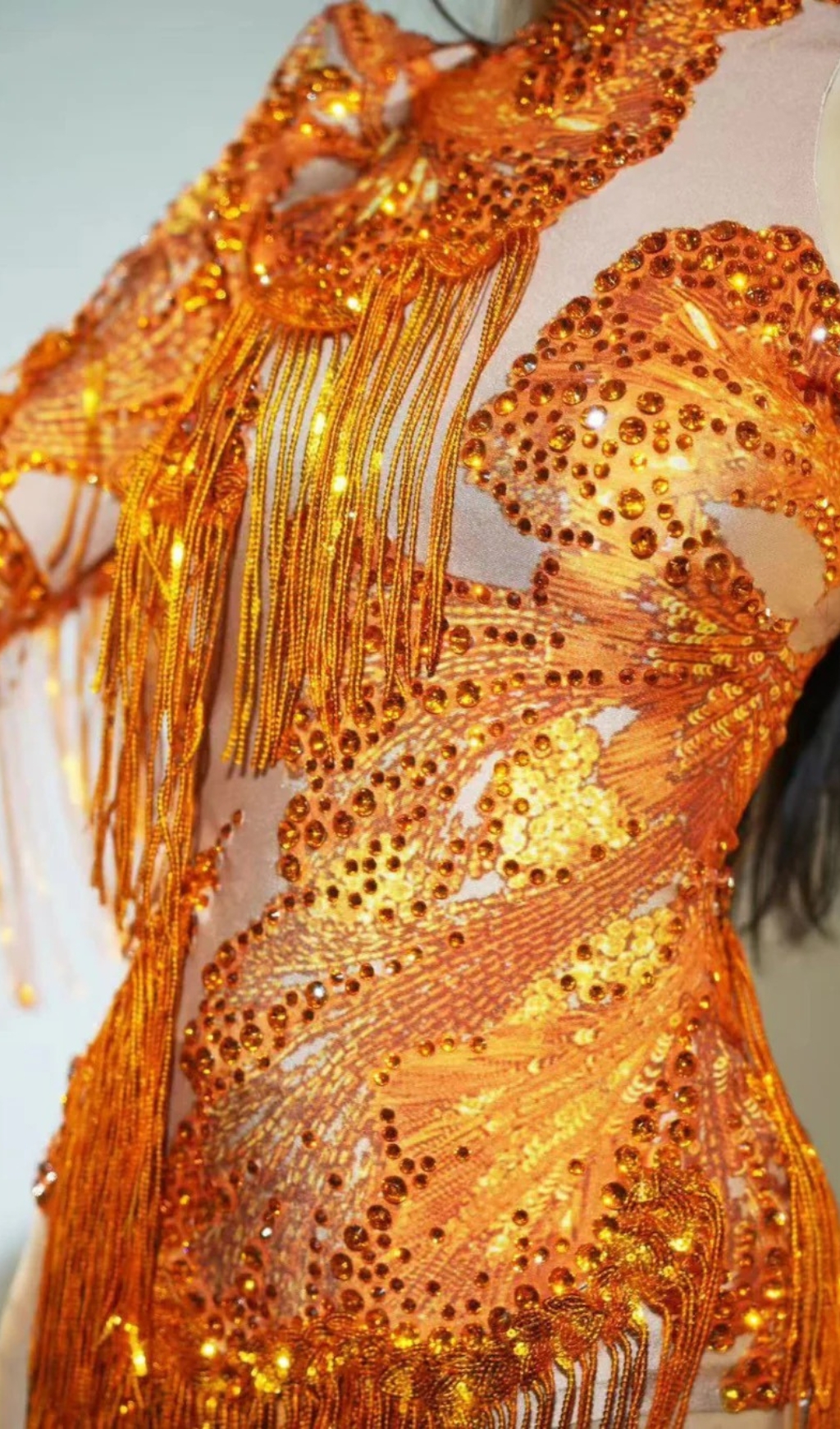 90f813a92d141c1d940c4003fd099c1c.jpg Fashionslee Women Shatora One Shoulder Rhinestone Fringe Bodysuit In Orange