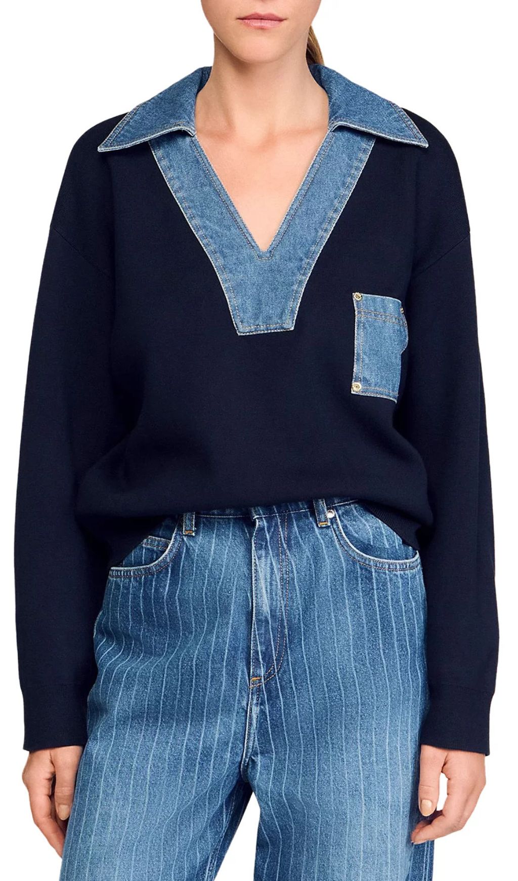 910b825fd897af9c9257330922f71020.jpg Fashionslee Women Sweater with Denim Details