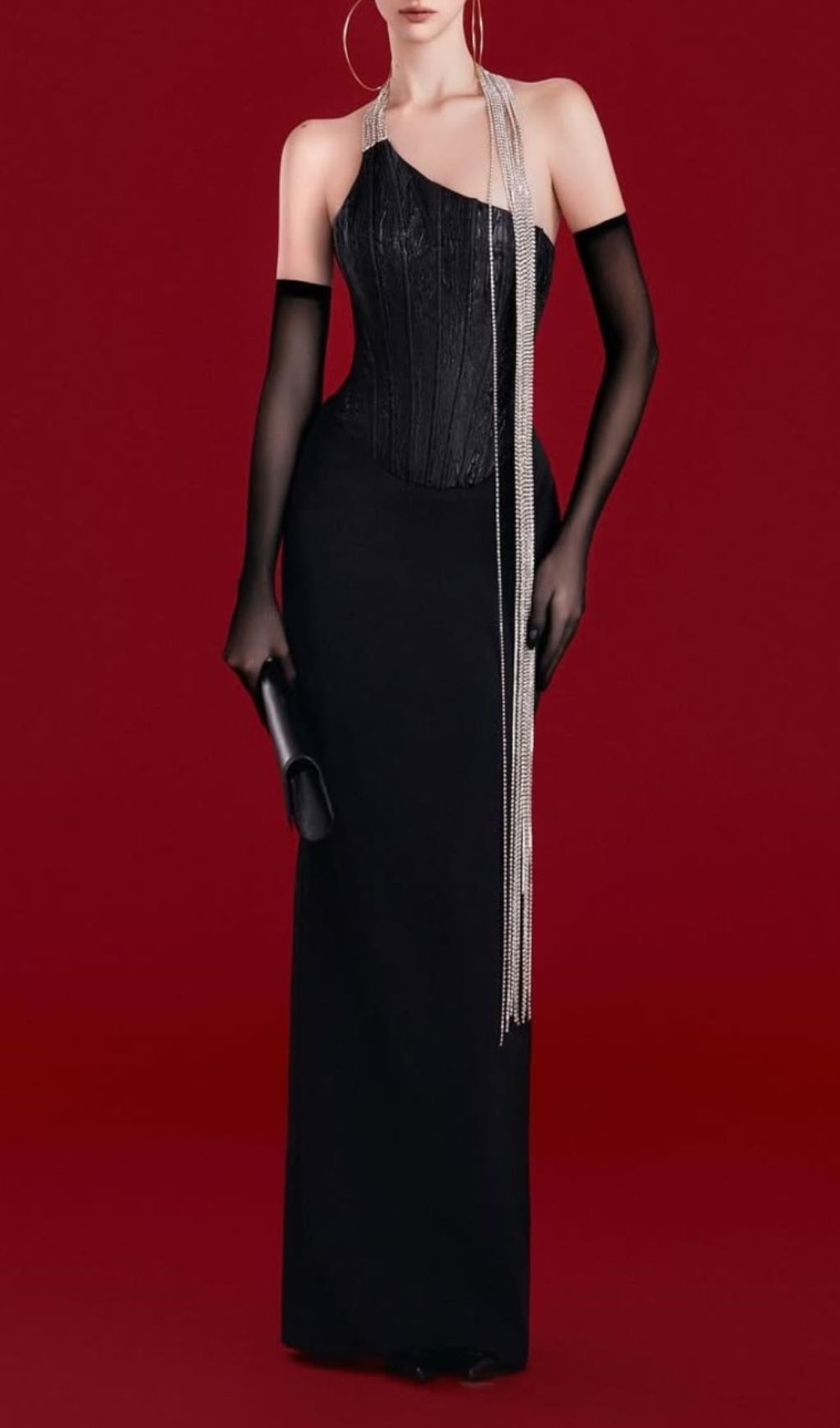 91c0c17e6d9ab77ec3c2ba6f183e52d7.jpg Fashionslee Women Josué Black Corset Diamond Chain Bandage Maxi Dress