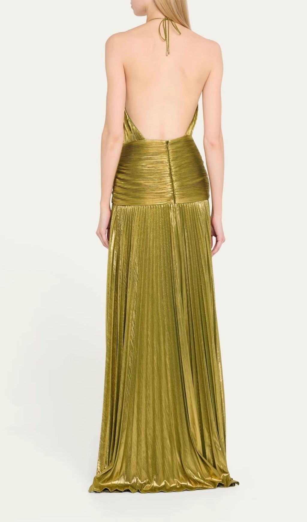 Fashionslee Women Syriona Halterneck Split Pleated Metallic Maxi Dress In Green