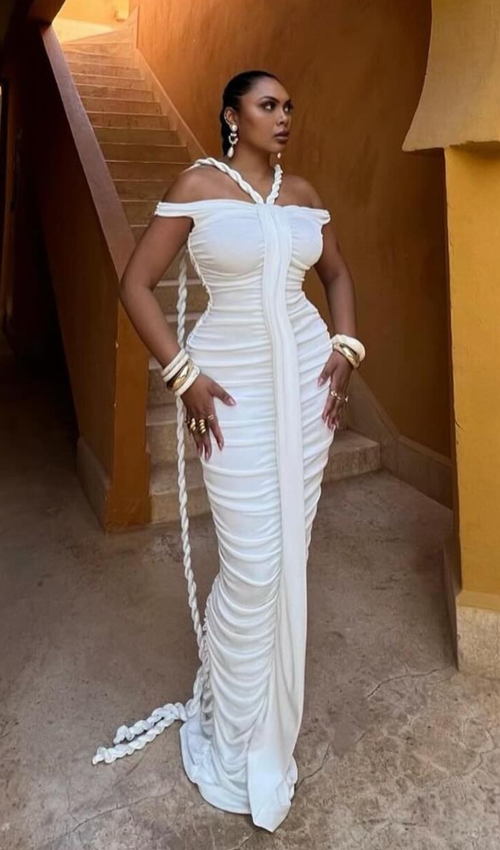 91cf1854c3eec60589e8122d882329be.jpg Fashionslee Women Buddug White Bardot Ruched Maxi Dress