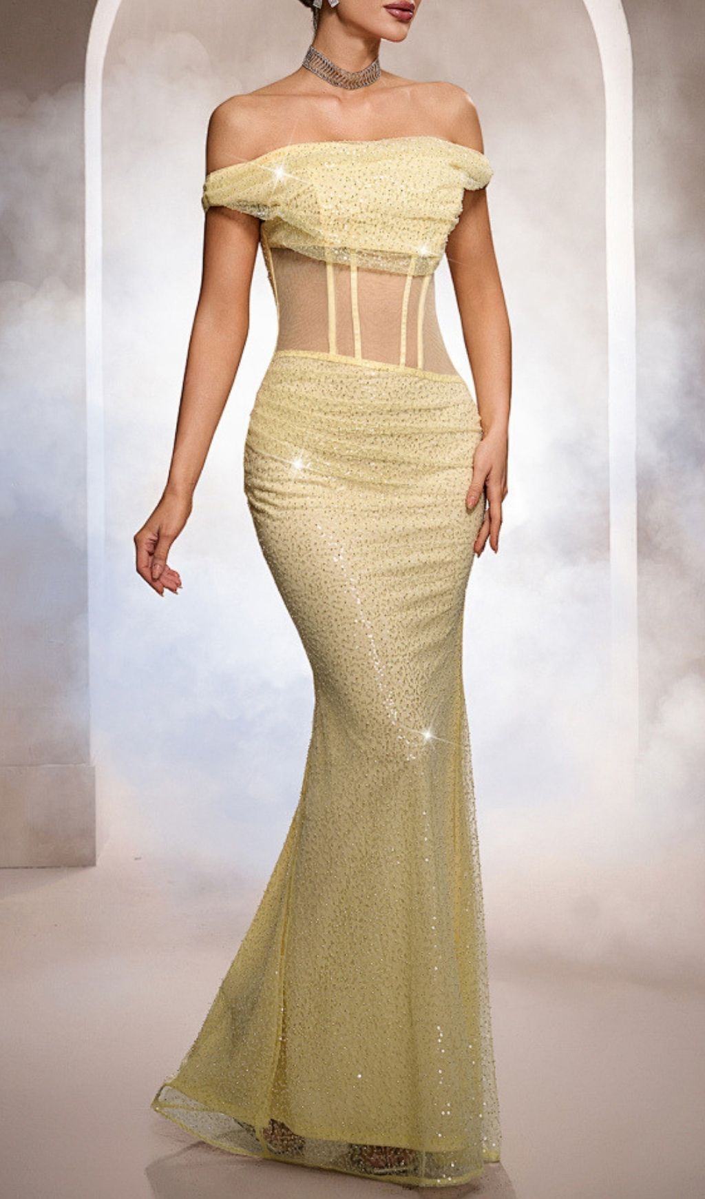 91f4bcd34732f3e23cd062f3520422e5.jpg Fashionslee Women Katheryn Yellow Off-Shoulder Sequin Corset Maxi Dress
