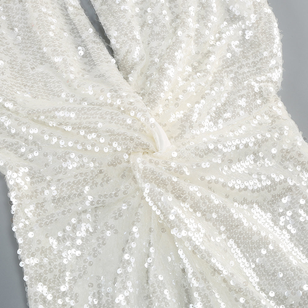 Fashionslee Women Bobbie White Halter Sequin Maxi Dress