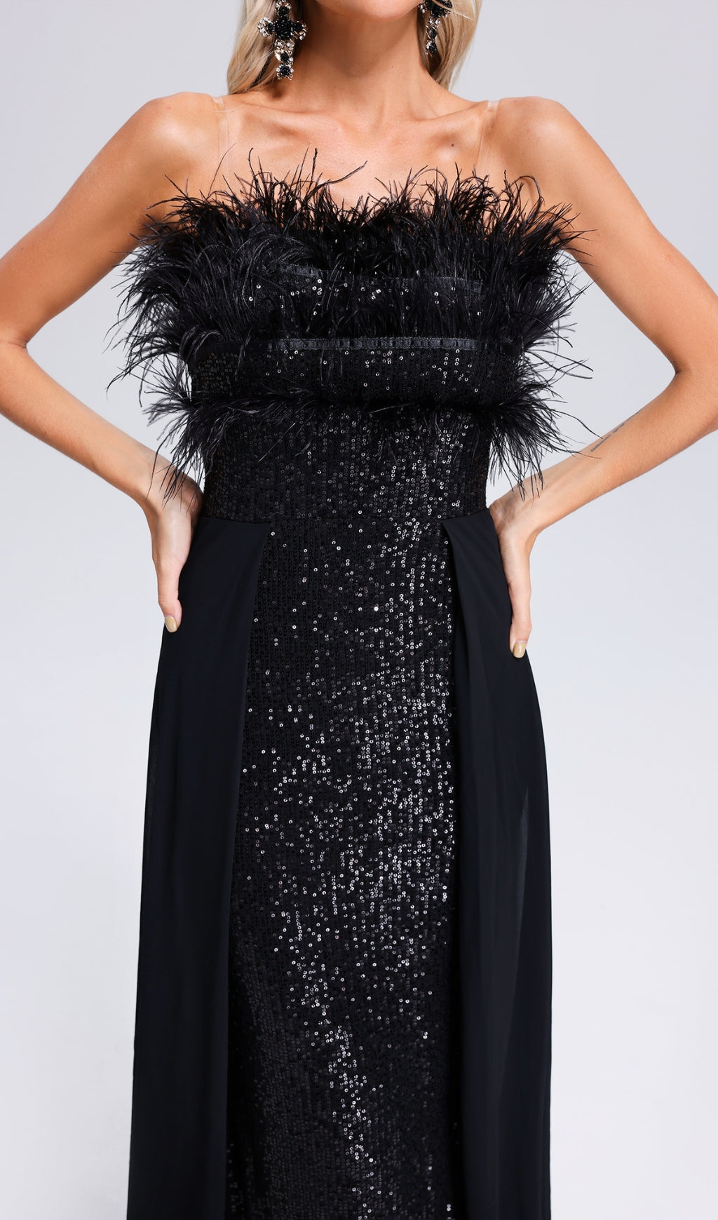 9225dc424c1a26a9626519006b45216f.jpeg Fashionslee Women Adams Black Feather Sequin Maxi Dress