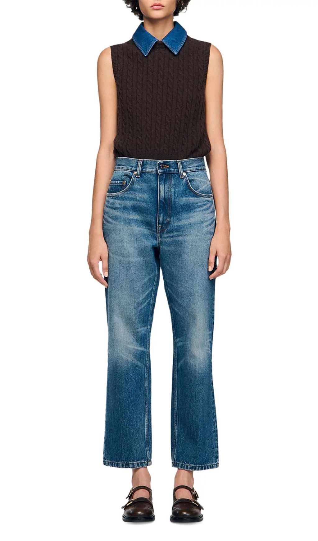 TRENDING CABLE KNIT SWEATER WITH DENIM COLLAR - OWNCI