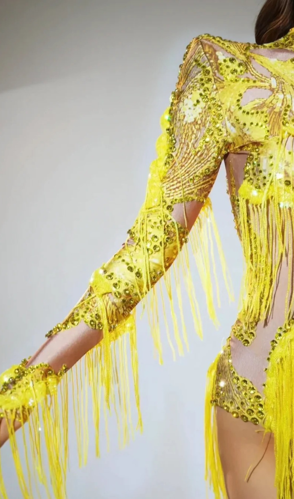 Fashionslee Women Shatora One Shoulder Rhinestone Fringe Bodysuit In Yellow