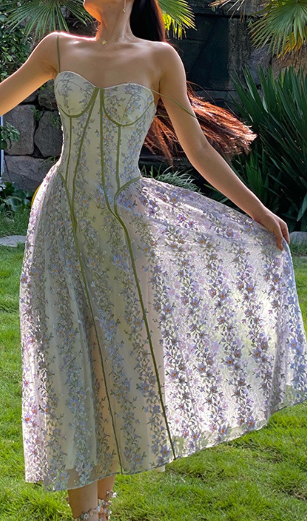 Fashionslee Women Carda Strappy Flower Embroidery Midi Dress