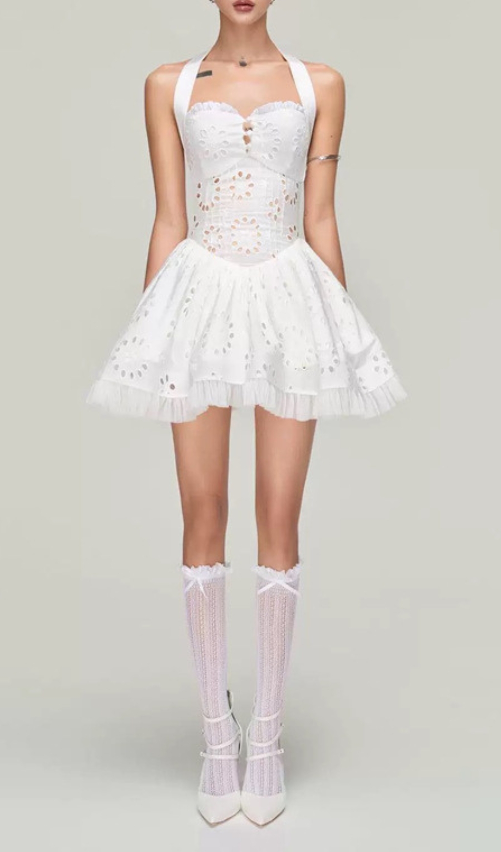 Fashionslee Women Dia White Halter Embroidery Mini Dress
