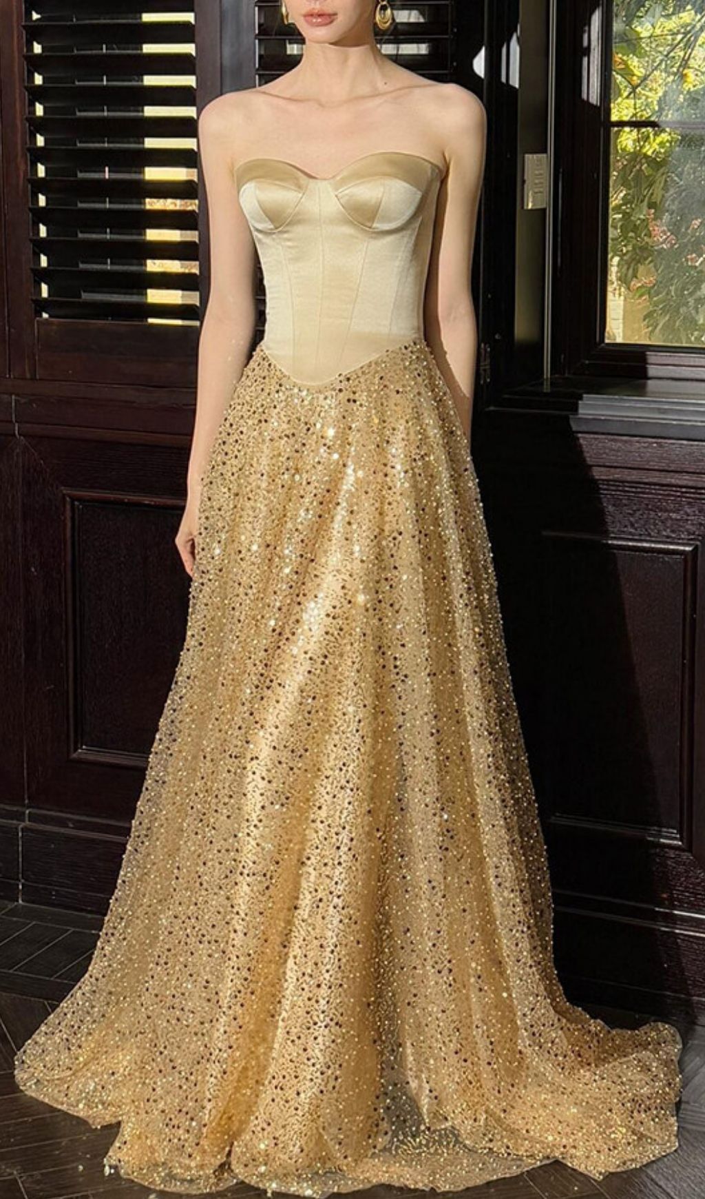 Fashionslee Women Kristi Gold Strapless Sequin Maxi Dress