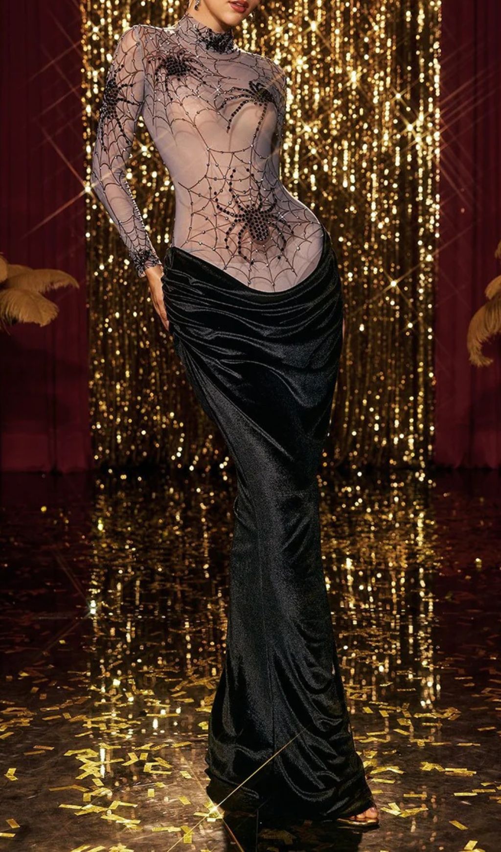 931984ba555efc945e4c57f664538a1b.jpg Fashionslee Women Kjartan High Neck Spider Velvet Maxi Dress