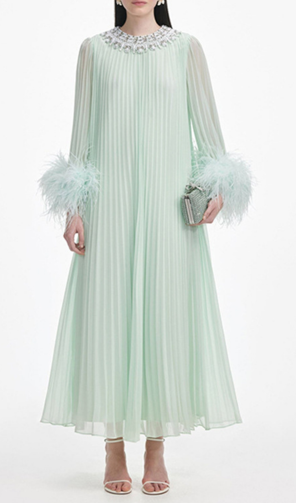 Fashionslee Women Felipe Embellished Feather Pleated Maxi Dress