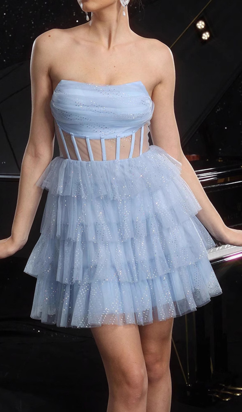 Fashionslee Women Dembe Blue Strapless Corset Mesh Mini Dress