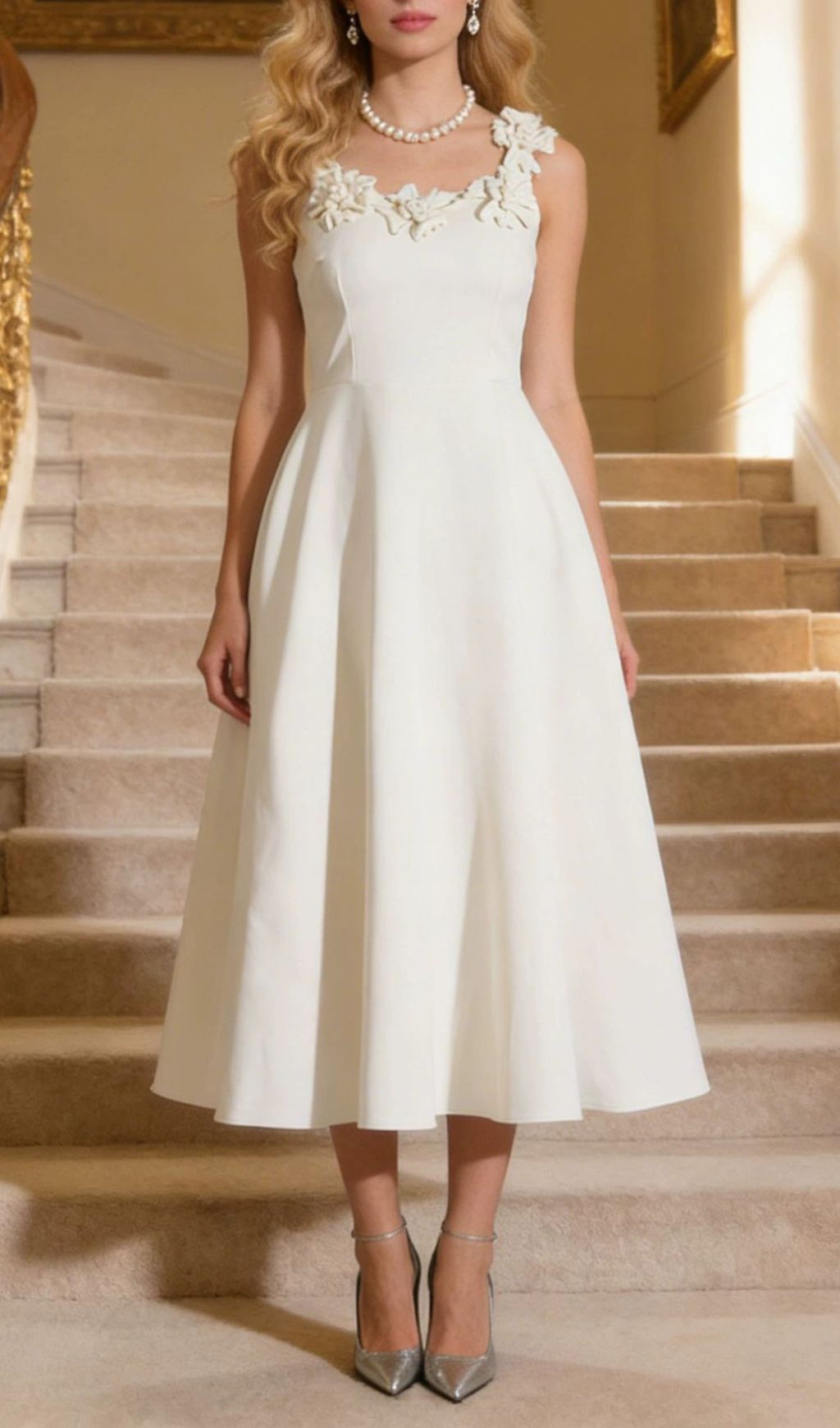 Fashionslee Women Janan White Flower Midi Dress