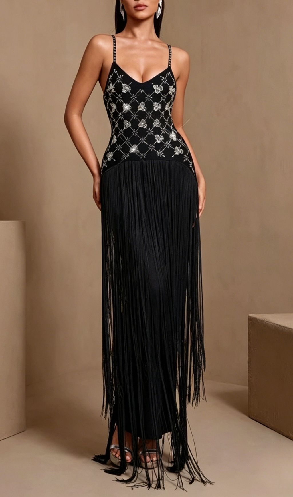 Fashionslee Women Koby Strappy Diamante Tassel Bandage Maxi Dress