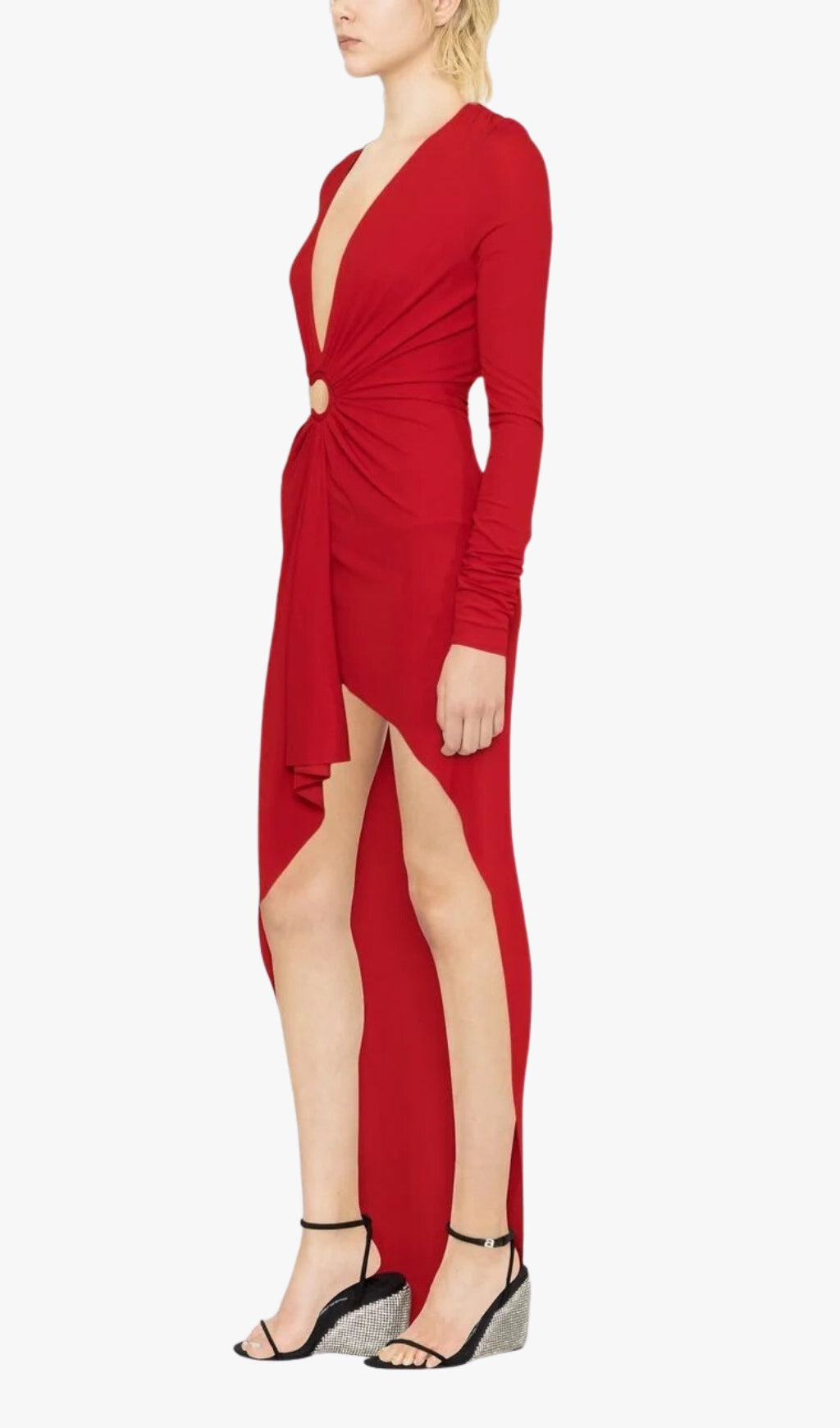 940710a7b075493f4096cddc7200adab.jpeg Fashionslee Women Red V-Neck Long-Sleeve Split Dress