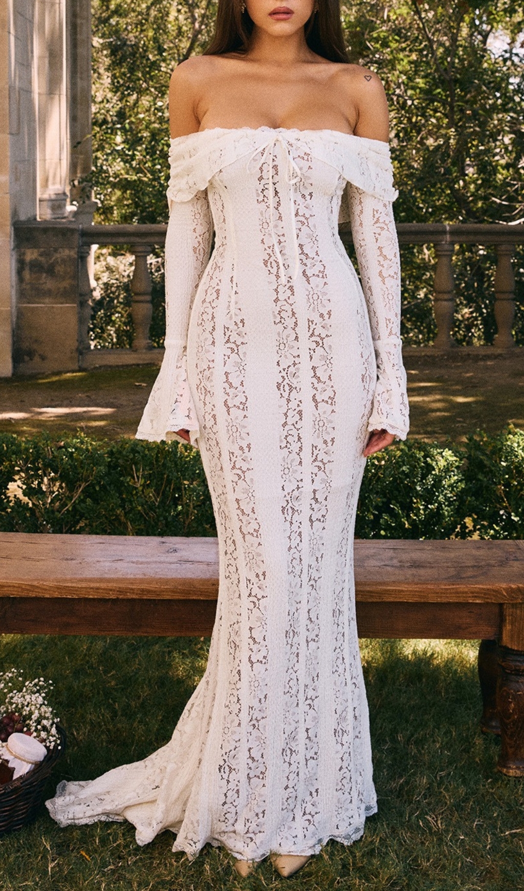 Fashionslee Women Clarissa White Flared Sleeve Lace Maxi Dress