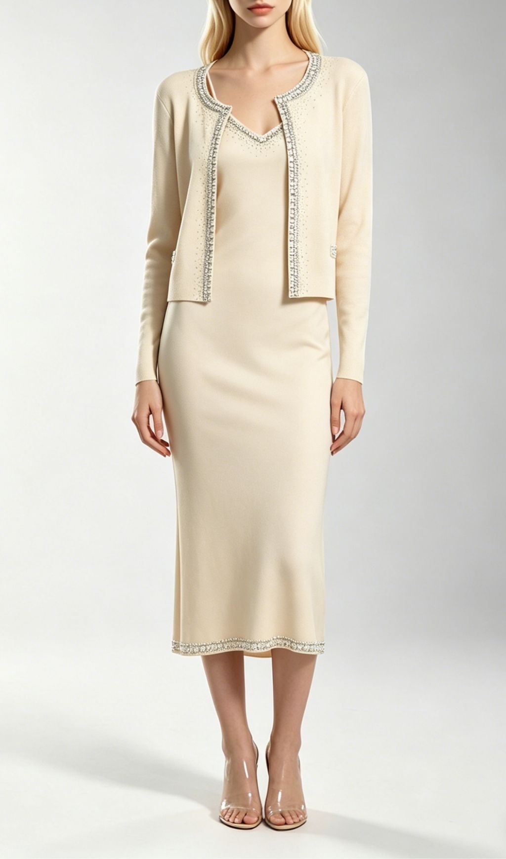 Fashionslee Women Kinsey Apricot Diamante Knit Cardigan & Midi Dress Set