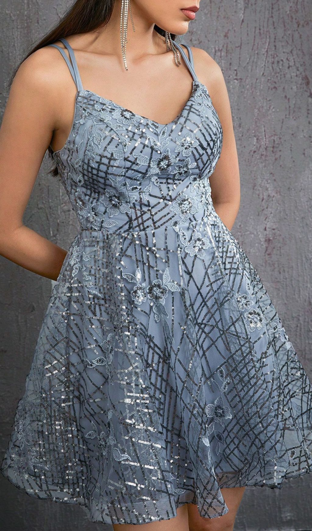 Fashionslee Women Harumi Grey Strappy Flower Embroidery Mini Dress