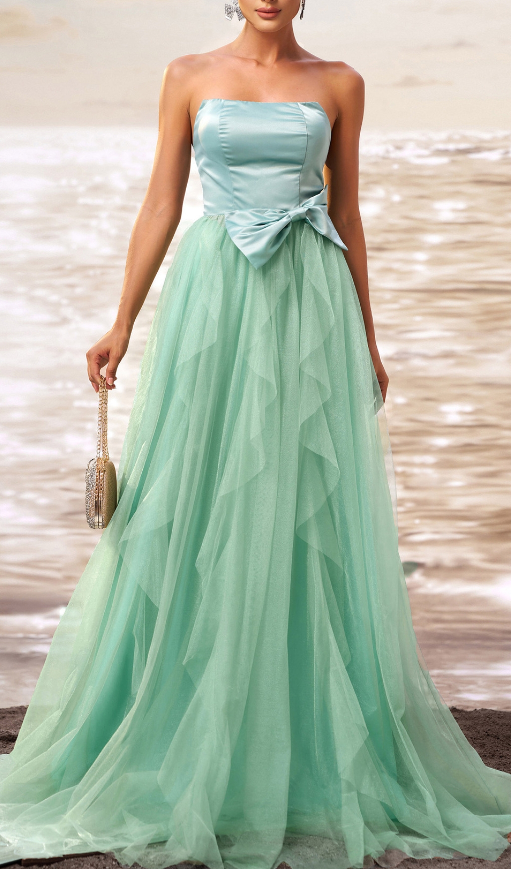Fashionslee Women Dafna Mint Strapless Bow Mesh Maxi Dress