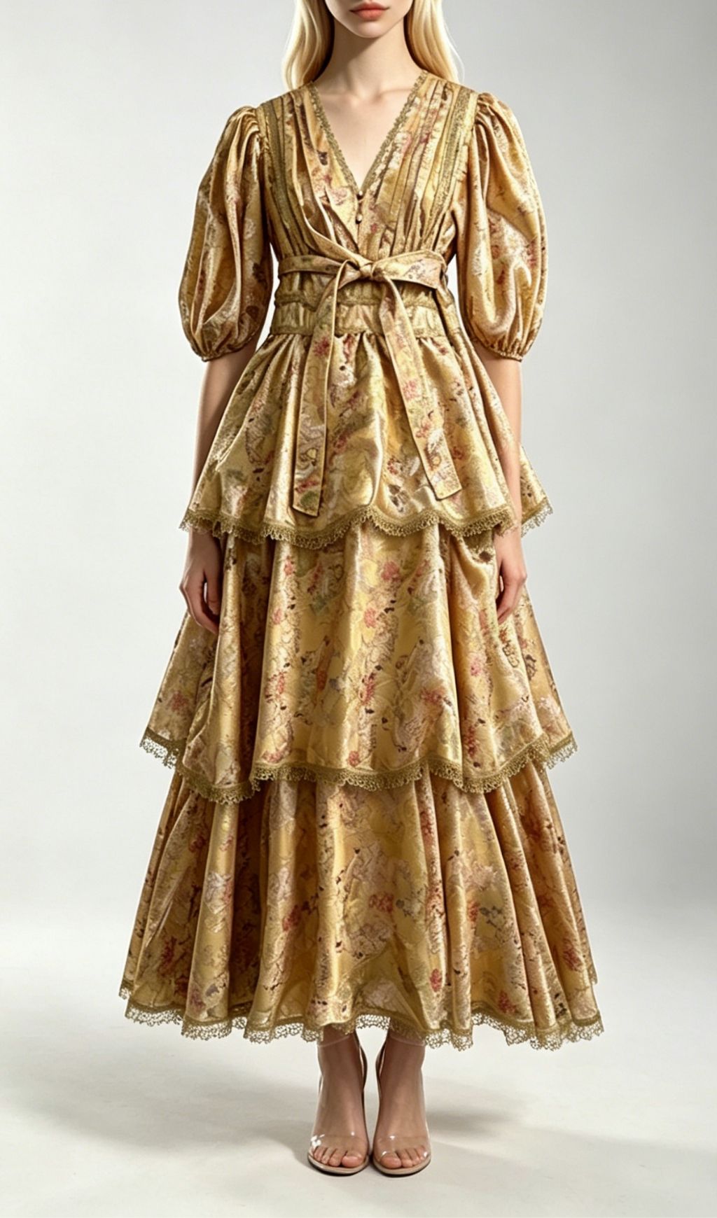 Fashionslee Women Kirsten Yellow Printed Puff Sleeve Midi Dress