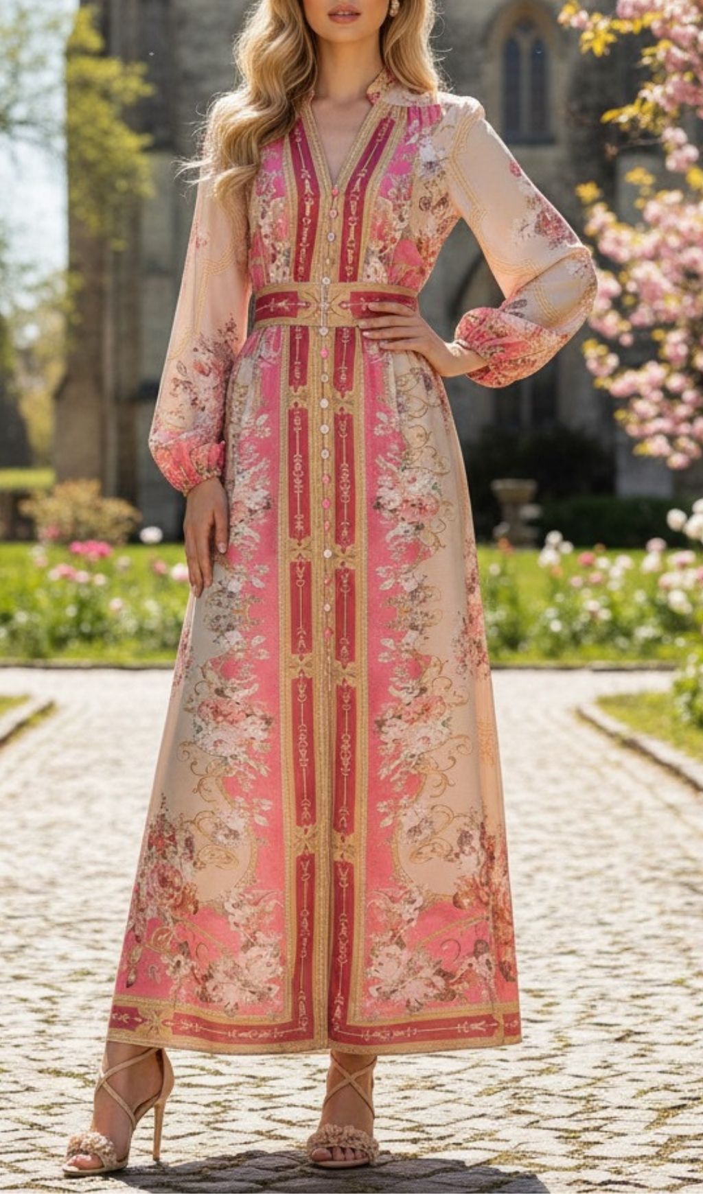 Fashionslee Women Kamillia Pink Floral Long Sleeve Maxi Dress