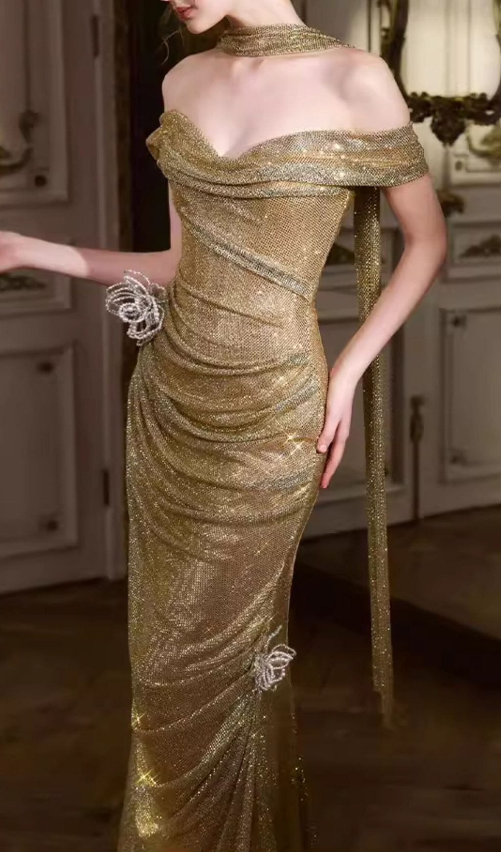 95331e8aab11e959b50264c09a9170df.jpg Fashionslee Women Krystina Gold Off-Shoulder Flower Maxi Dress