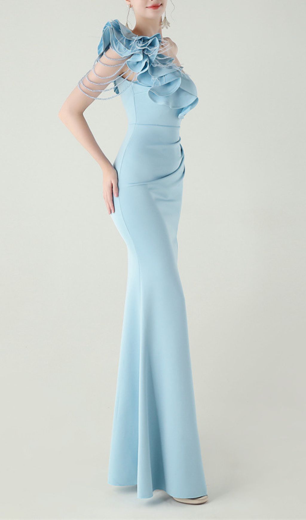 TRENDING BLUE ONE-SHOULDER RUFFLE MAXI DRESS - OWNCI TRENDING BLUE ONE-SHOULDER RUFFLE MAXI DRESS - OWNCI