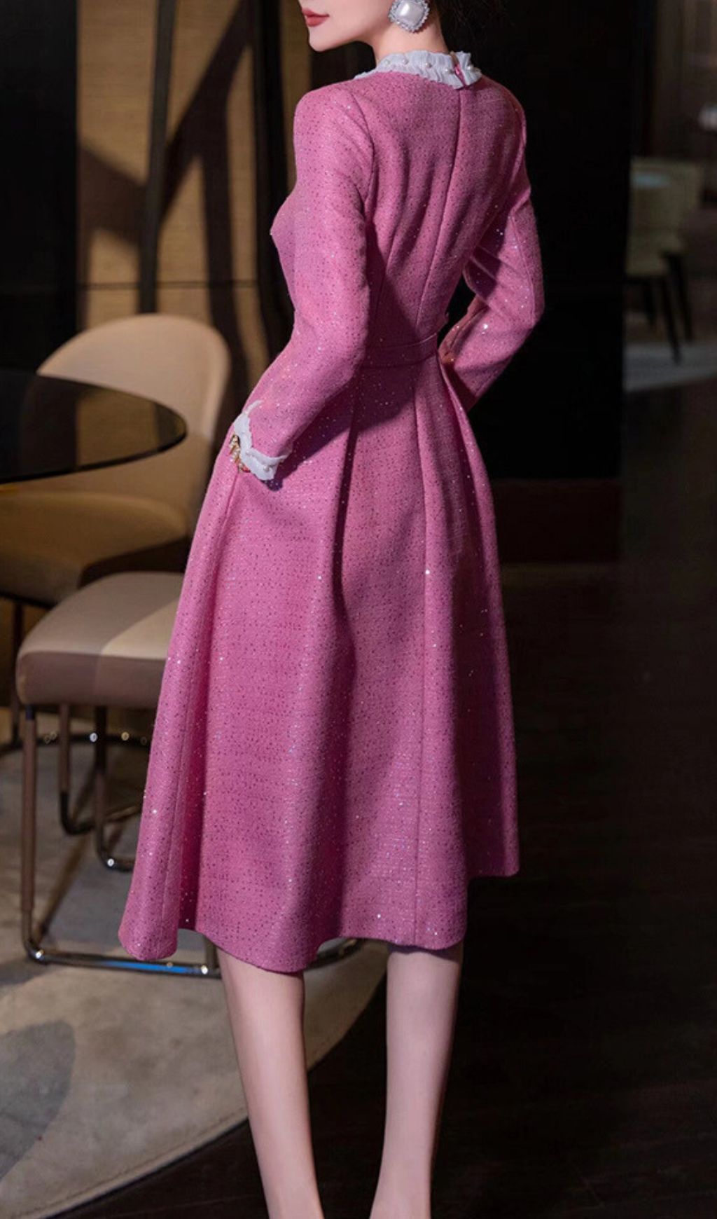 Fashionslee Women Hong Pink Long Sleeve Midi Dress
