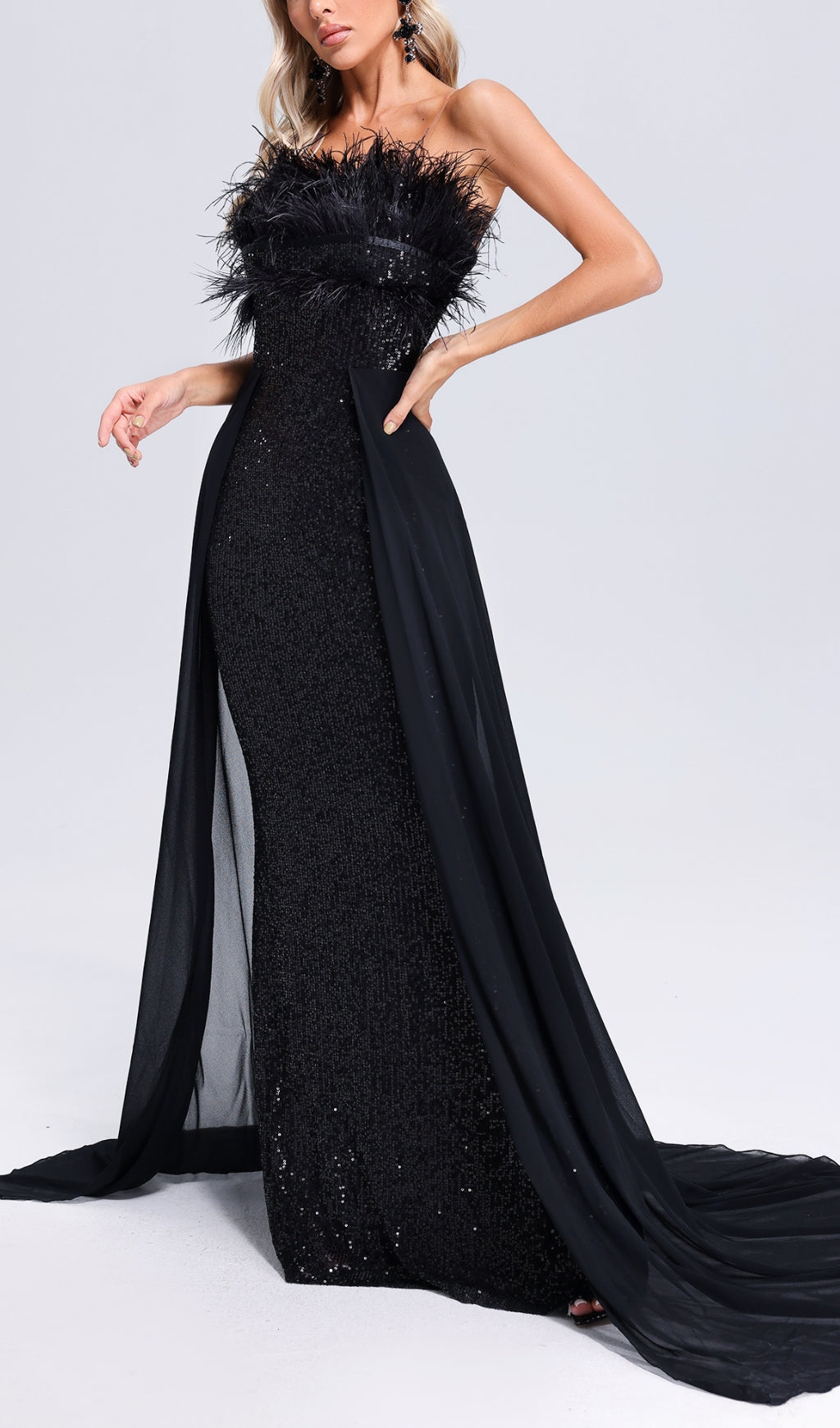 95fdb79c28f70bb046b026bfc09c12d9.jpeg Fashionslee Women Adams Black Feather Sequin Maxi Dress