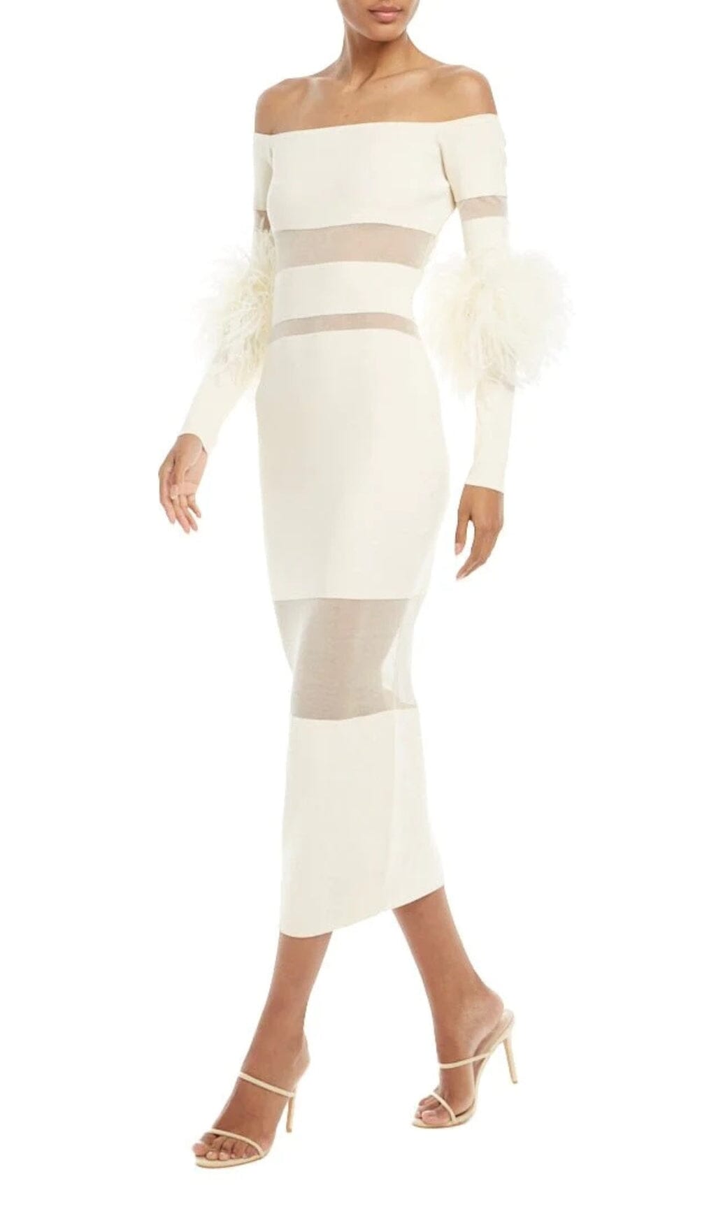 Fashionslee Women Bandage Off-Shoulder Feather Midi Dress In White
