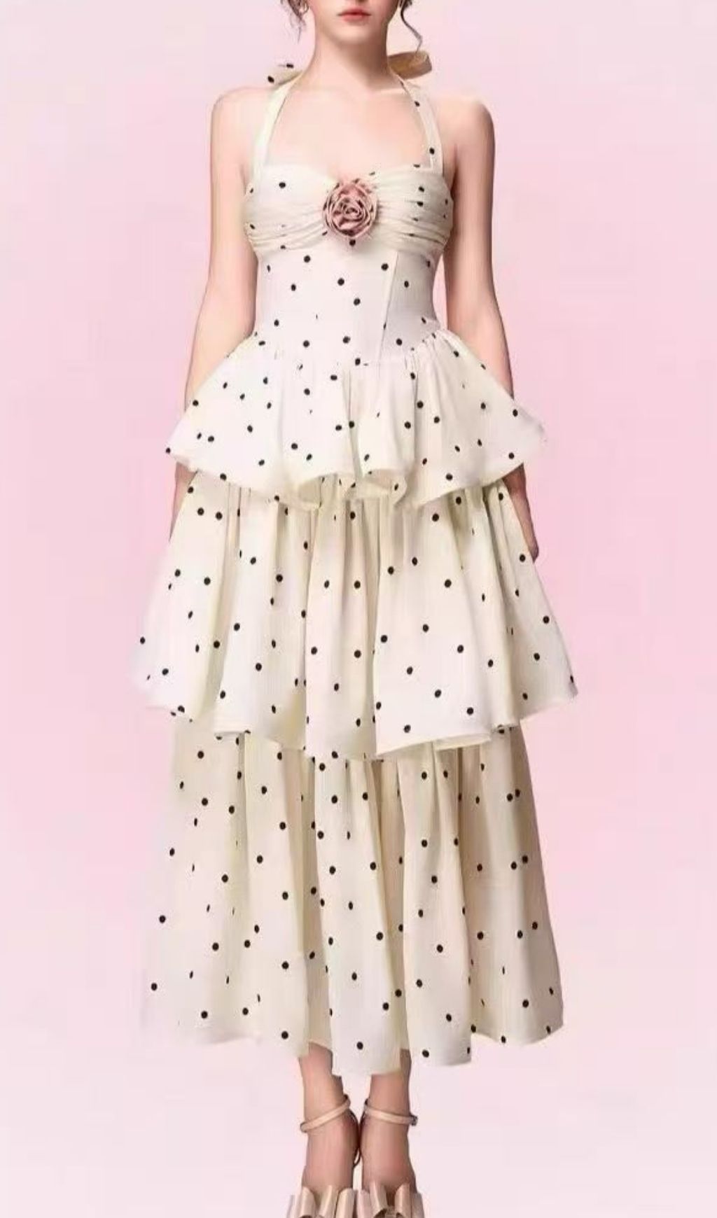 Fashionslee Women Kalenna Halter Corset Flower Dot Midi Dress