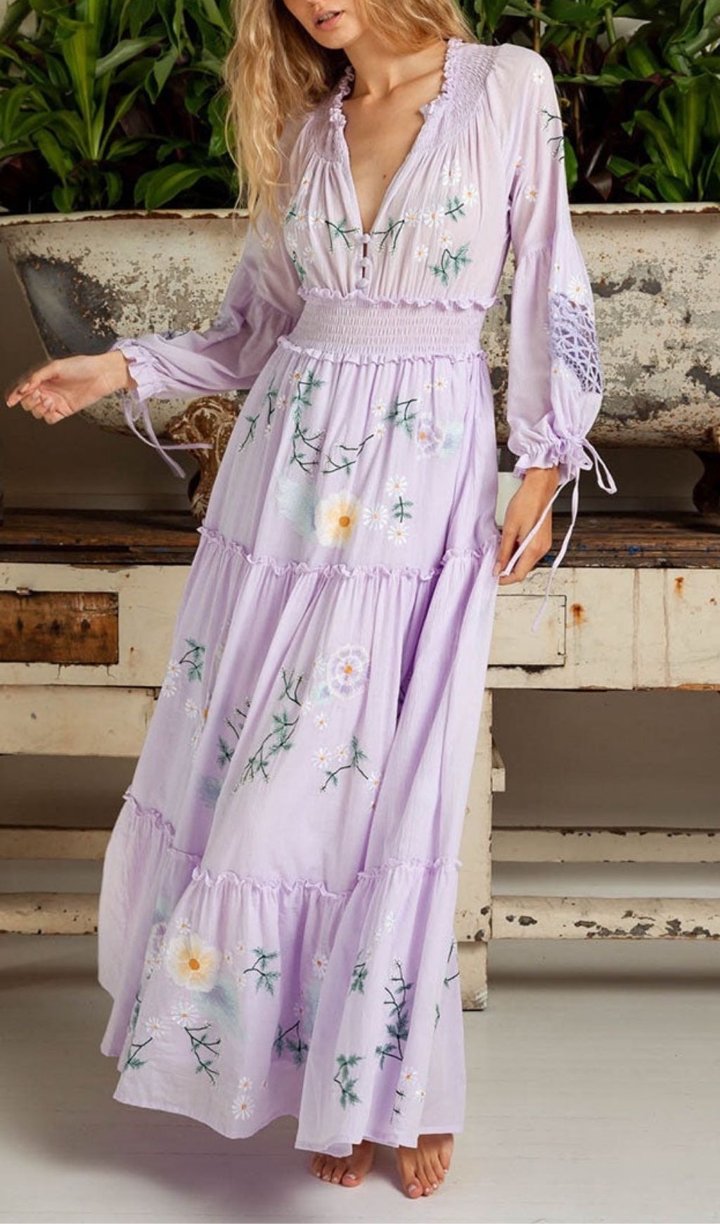 Fashionslee Women Kamalani Purple Flower Embroidery Maxi Dress