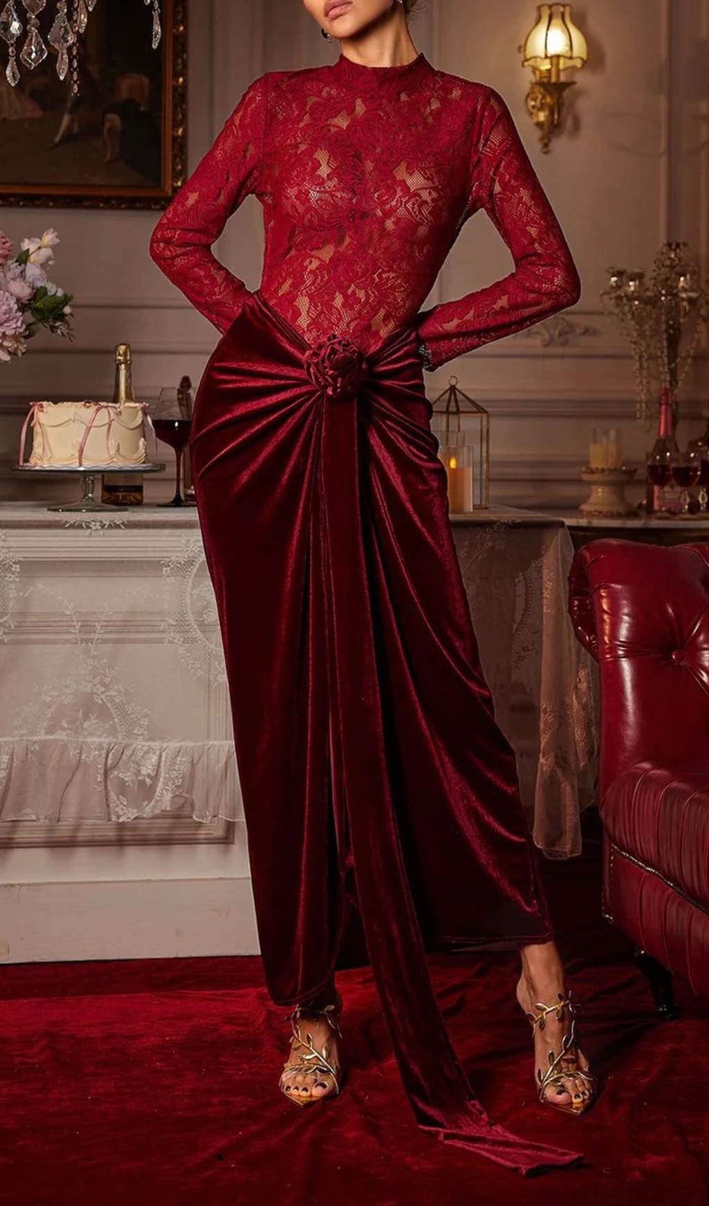 Fashionslee Women Eldrian Flower Ruched Split Lace Velvet Maxi Dress