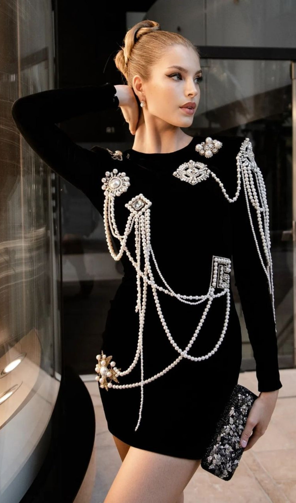Fashionslee Women Audre Pearl Velvet Mini Dress