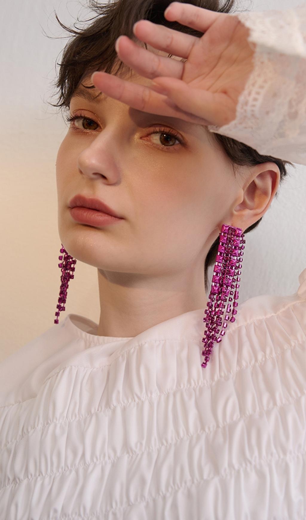 96bfd72d933f94fbcc91630268d97222.jpeg Fashionslee Women Arnau Dark Violet Rhinestone Tassel Earrings