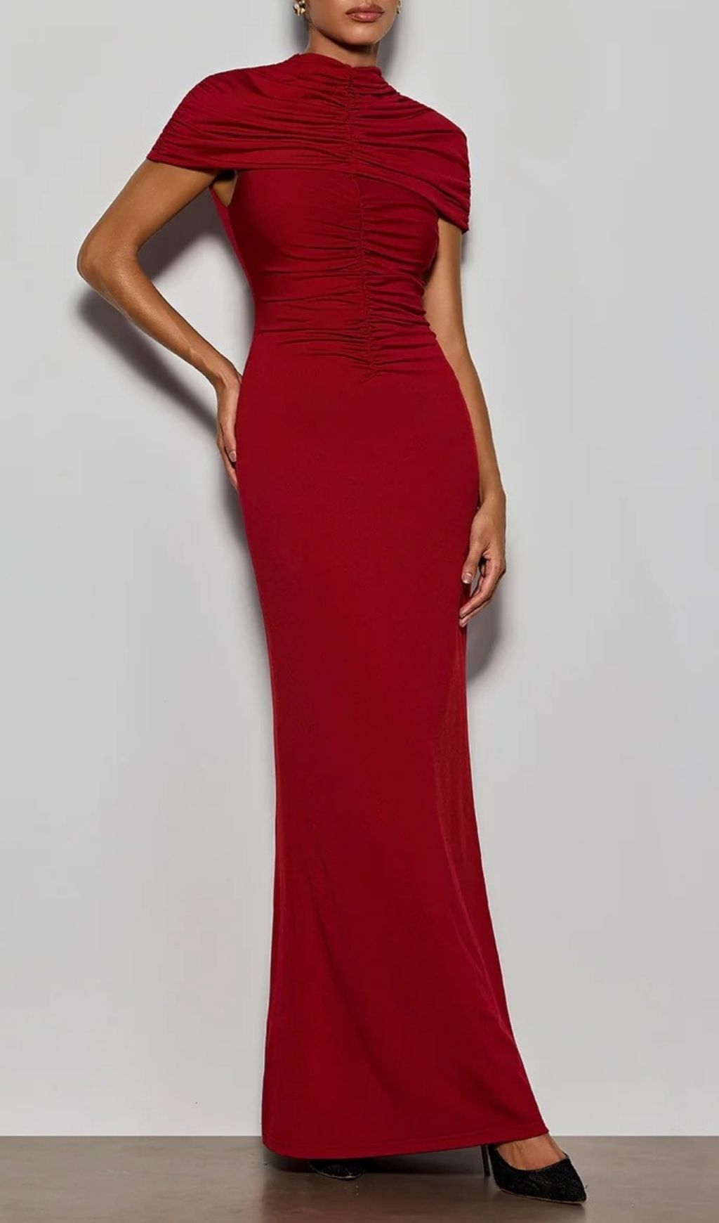 VINTAGE WINE RUCHED BODYCON MAXI DRESS - OWNCI VINTAGE WINE RUCHED BODYCON MAXI DRESS - OWNCI