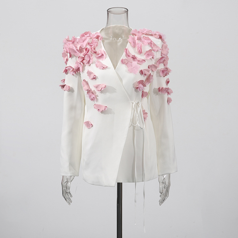 Fashionslee Women Feo White Flower Embellished Blazer