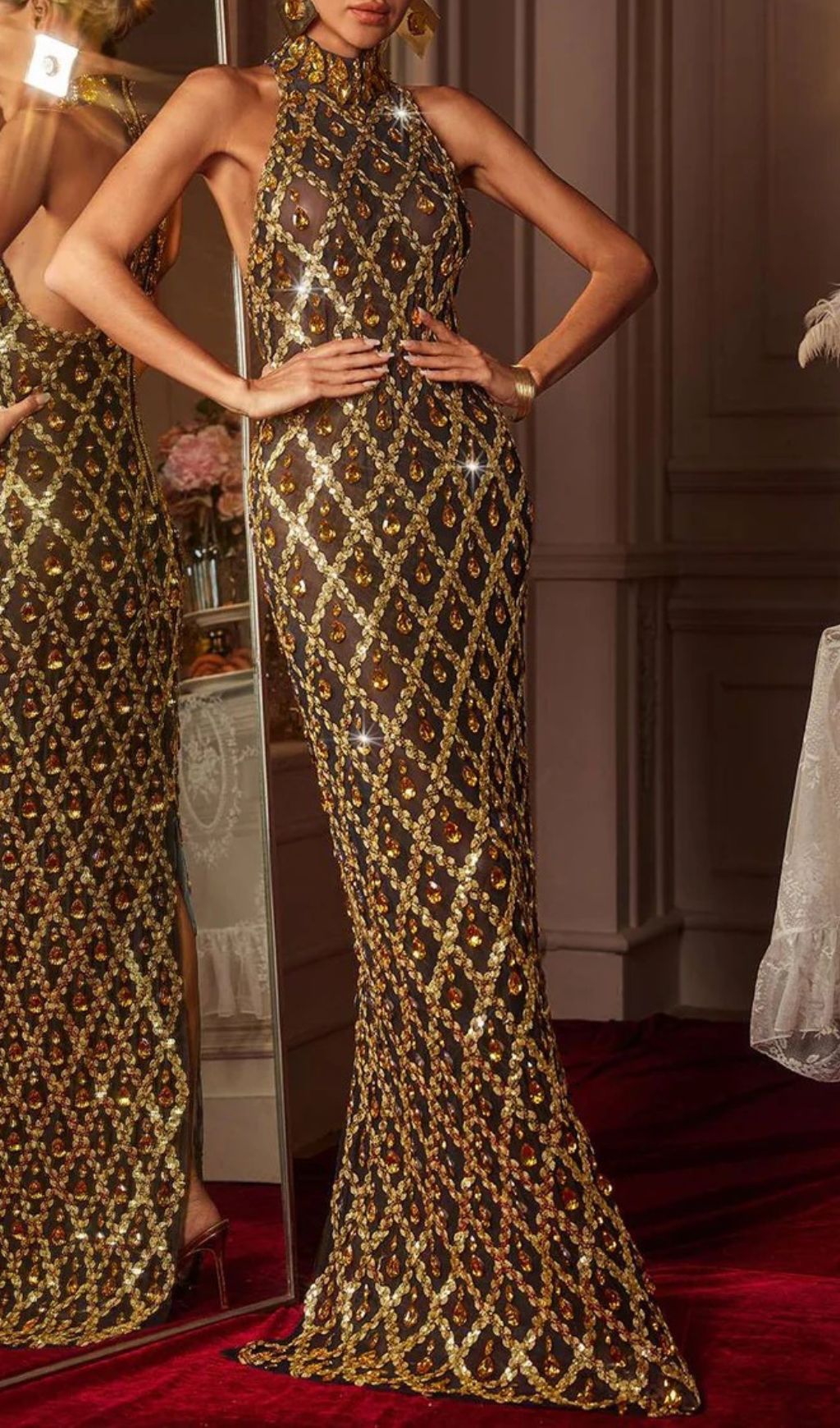 96ee0912c72ddd866c14b18e1091710c.jpg Fashionslee Women Liora Sequin Crystal Maxi Dress In Gold